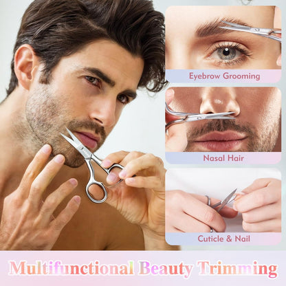 ZASZO 3.8 Inch Silver Eyebrow Scissors - Stainless Steel Small Scissors for Personal Care, Professional Grooming for Eyebrows, Mustache & Beard Hair Trimming
