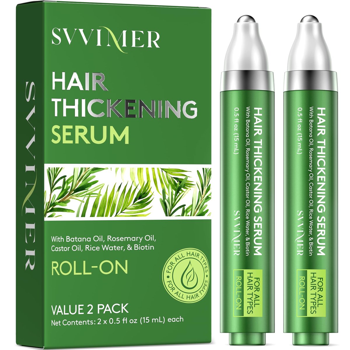 Svvimer Hair Growth Serum Roll On - Rosemary & Batana Oil, Biotin Thickening Scalp Serum for Thinning Hair - for Women and Men, 2 Pack (15ml Each) Avelisse