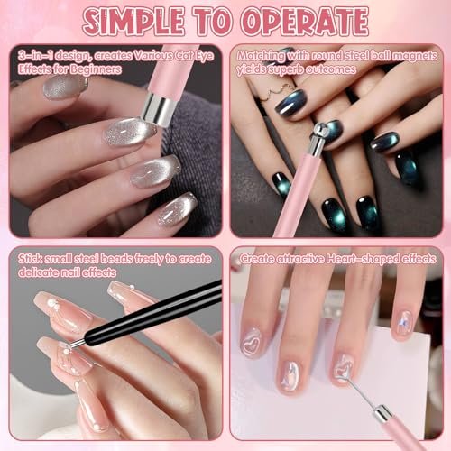 4Pcs Professional Cat Eye Magnet for Nails Kit with Heart Shaper Tool | 3-in-1 Nail Art Pen for Stunning French, Wide & Heart Designs | Black Bead-Attracting Pen for Home & Salon Use - görsel 12