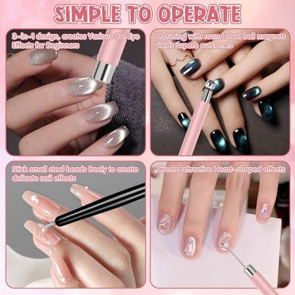 4Pcs Professional Cat Eye Magnet for Nails Kit with Heart Shaper Tool | 3-in-1 Nail Art Pen for Stunning French, Wide & Heart Designs | Black Bead-Attracting Pen for Home & Salon Use