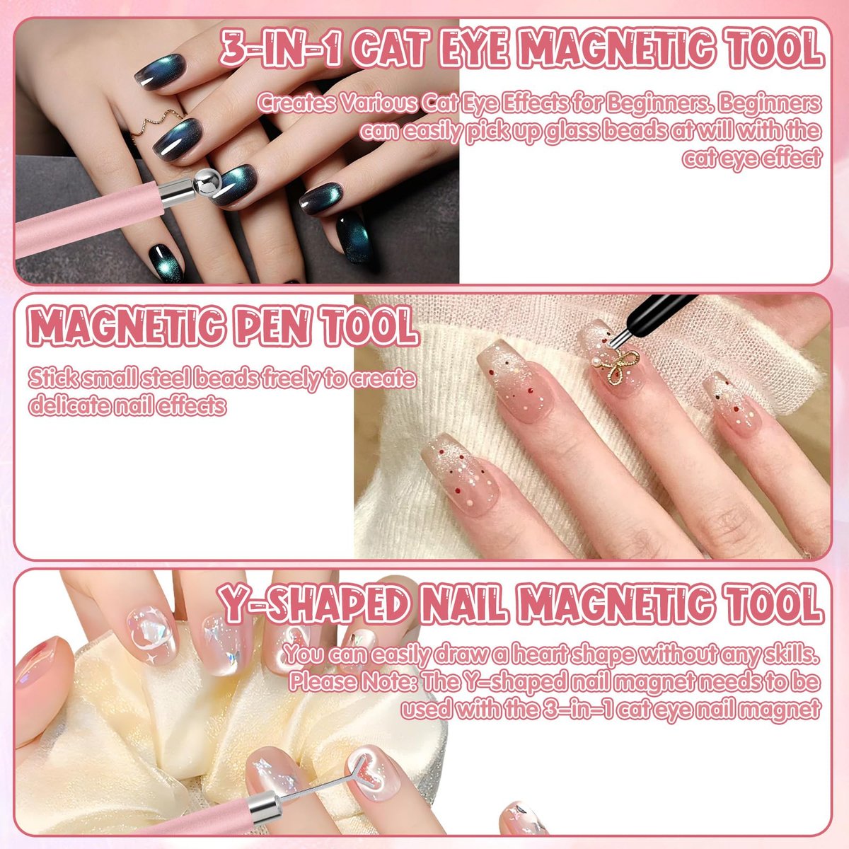 4Pcs Professional Cat Eye Magnet for Nails Kit with Heart Shaper Tool | 3-in-1 Nail Art Pen for Stunning French, Wide & Heart Designs | Black Bead-Attracting Pen for Home & Salon Use - görsel 7