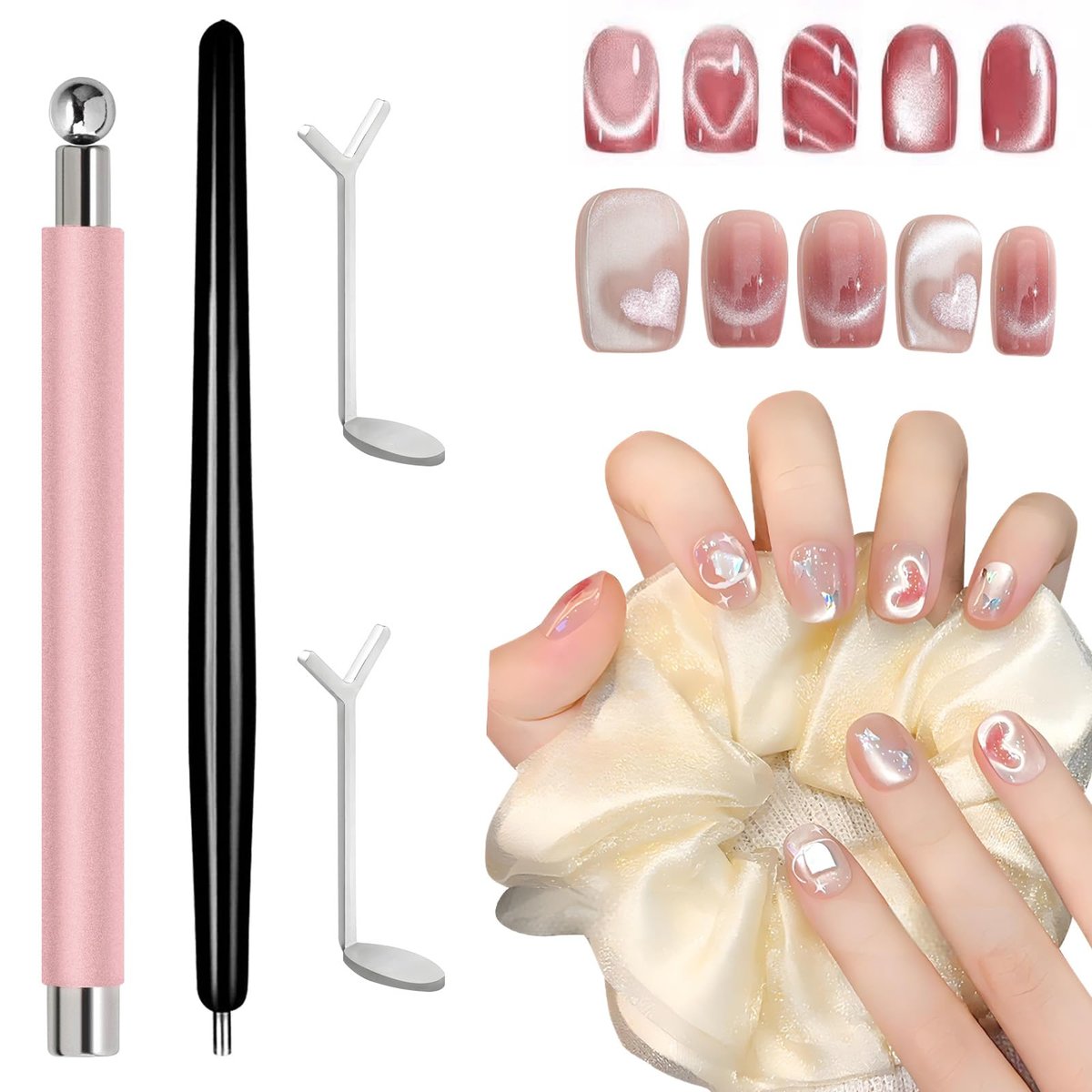 4Pcs Professional Cat Eye Magnet for Nails Kit with Heart Shaper Tool | 3-in-1 Nail Art Pen for Stunning French, Wide & Heart Designs | Black Bead-Attracting Pen for Home & Salon Use - görsel 1