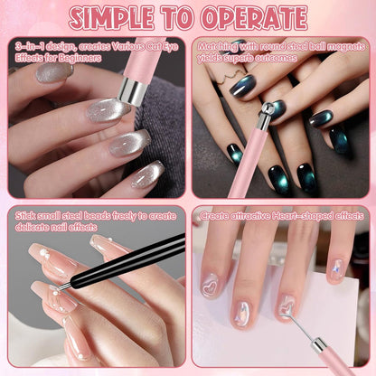 4Pcs Professional Cat Eye Magnet for Nails Kit with Heart Shaper Tool | 3-in-1 Nail Art Pen for Stunning French, Wide & Heart Designs | Black Bead-Attracting Pen for Home & Salon Use