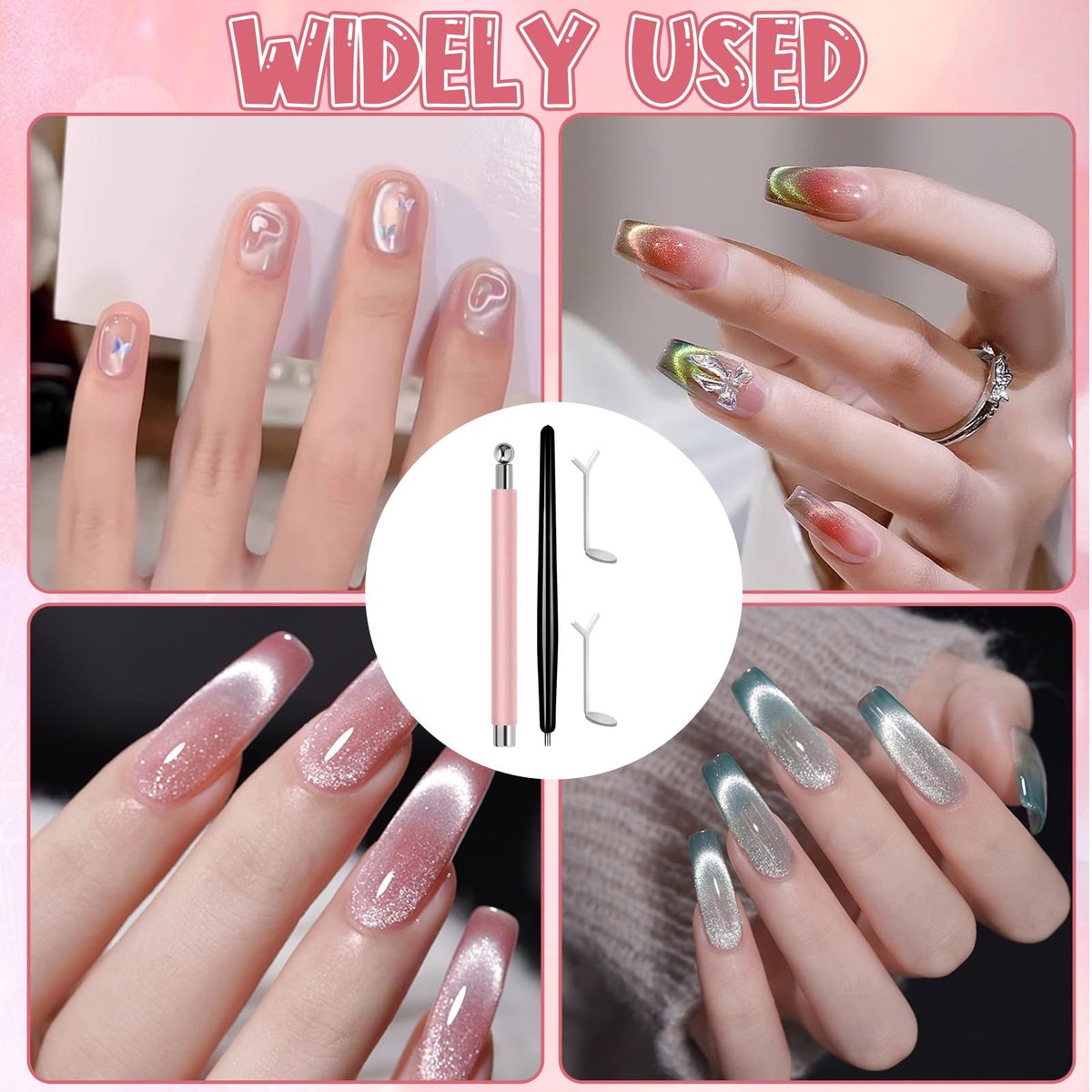 4Pcs Professional Cat Eye Magnet for Nails Kit with Heart Shaper Tool | 3-in-1 Nail Art Pen for Stunning French, Wide & Heart Designs | Black Bead-Attracting Pen for Home & Salon Use - görsel 13