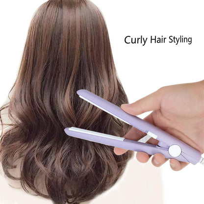 HuGuWdy Mini Hair Straightener - 2 in 1 Straight & Curl, Travel Size Flat Iron with Tourmaline Ceramic Plates, US Plug (Purple) Avelisse