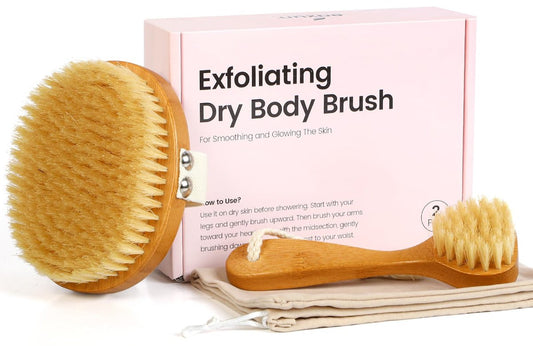 eaxun Bamboo Dry Brushing Body Brush Set – Natural Exfoliating Boar Bristle Face & Body Scrub Brush for Lymphatic Drainage, Cellulite, Blood Circulation & Glowing Skin (2 Pack)