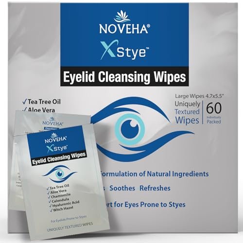 NOVEHA 60-Pack Stye Relief Eyelid & Lash Wipes with Tea Tree Oil, Hyaluronic Acid, Aloe Vera, Chamomile & Green Tea – Gently Soothes, Hydrates & Refreshes for Dry, Itchy Eyes & Blepharitis – Hypoallergenic Biodegradable Wipes Avelisse