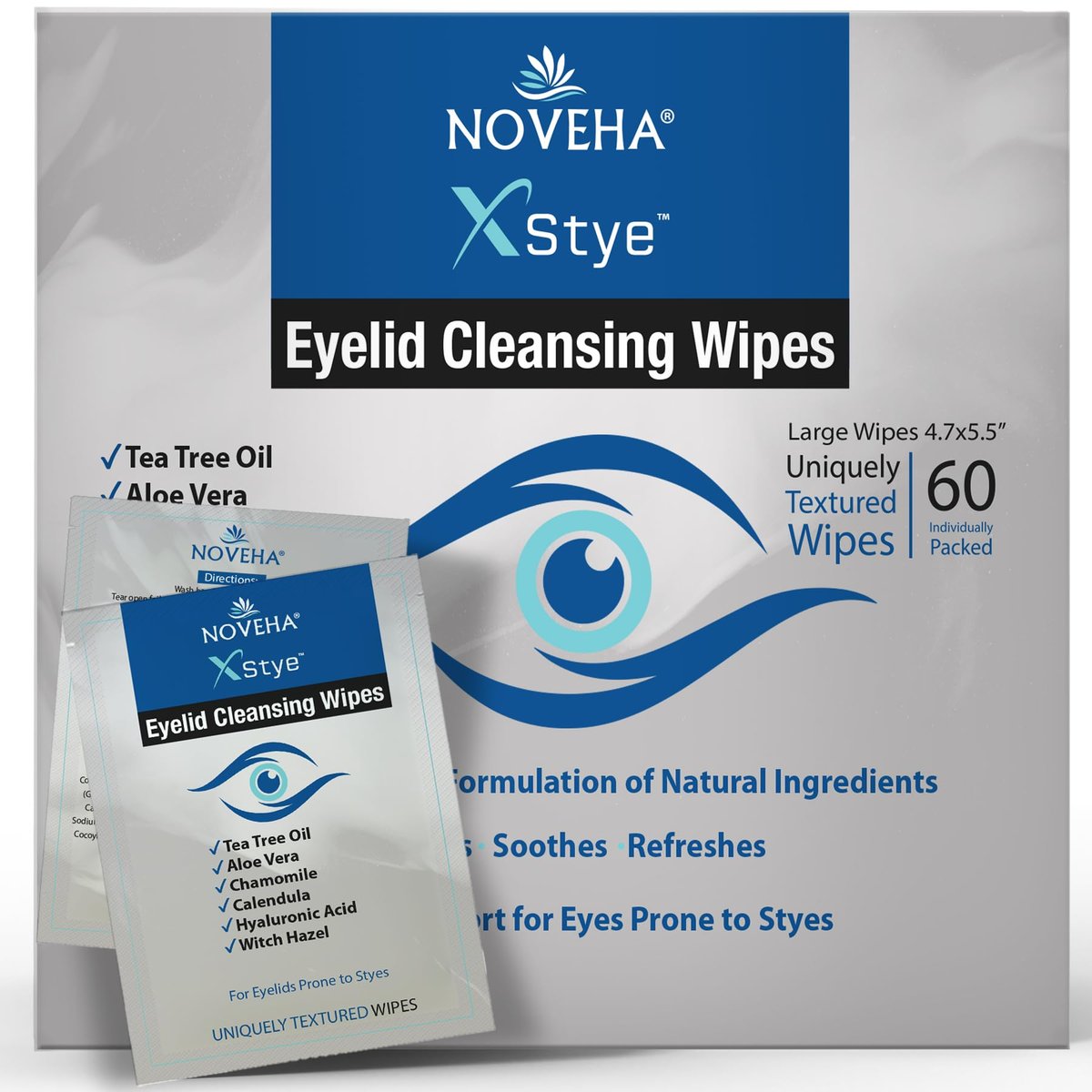 NOVEHA 60-Pack Stye Relief Eyelid & Lash Wipes with Tea Tree Oil, Hyaluronic Acid, Aloe Vera, Chamomile & Green Tea – Gently Soothes, Hydrates & Refreshes for Dry, Itchy Eyes & Blepharitis – Hypoallergenic Biodegradable Wipes Avelisse