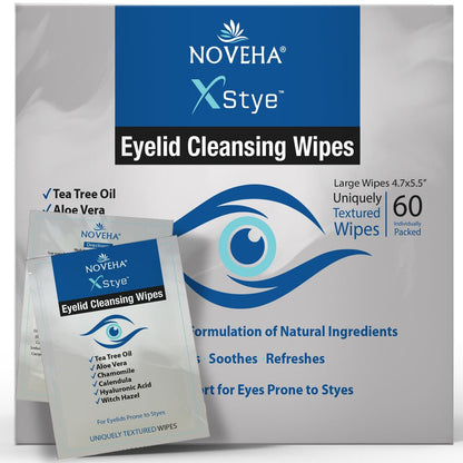 NOVEHA 60-Pack Stye Relief Eyelid & Lash Wipes with Tea Tree Oil, Hyaluronic Acid, Aloe Vera, Chamomile & Green Tea – Gently Soothes, Hydrates & Refreshes for Dry, Itchy Eyes & Blepharitis – Hypoallergenic Biodegradable Wipes Avelisse