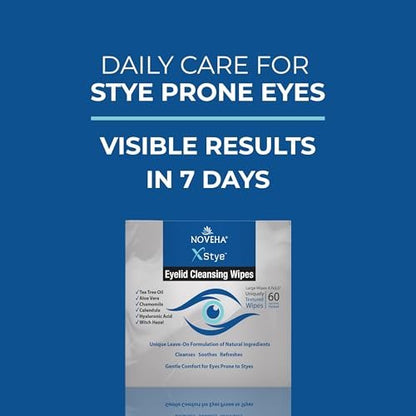 NOVEHA 60-Pack Stye Relief Eyelid & Lash Wipes with Tea Tree Oil, Hyaluronic Acid, Aloe Vera, Chamomile & Green Tea – Gently Soothes, Hydrates & Refreshes for Dry, Itchy Eyes & Blepharitis – Hypoallergenic Biodegradable Wipes Avelisse