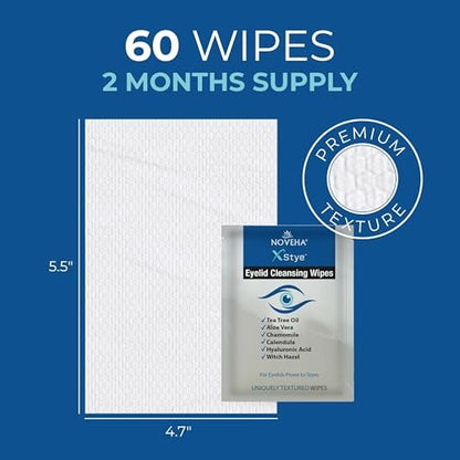 NOVEHA 60-Pack Stye Relief Eyelid & Lash Wipes with Tea Tree Oil, Hyaluronic Acid, Aloe Vera, Chamomile & Green Tea – Gently Soothes, Hydrates & Refreshes for Dry, Itchy Eyes & Blepharitis – Hypoallergenic Biodegradable Wipes Avelisse