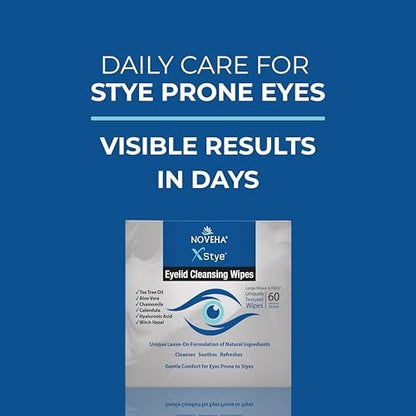 NOVEHA 60-Pack Stye Relief Eyelid & Lash Wipes with Tea Tree Oil, Hyaluronic Acid, Aloe Vera, Chamomile & Green Tea – Gently Soothes, Hydrates & Refreshes for Dry, Itchy Eyes & Blepharitis – Hypoallergenic Biodegradable Wipes Avelisse