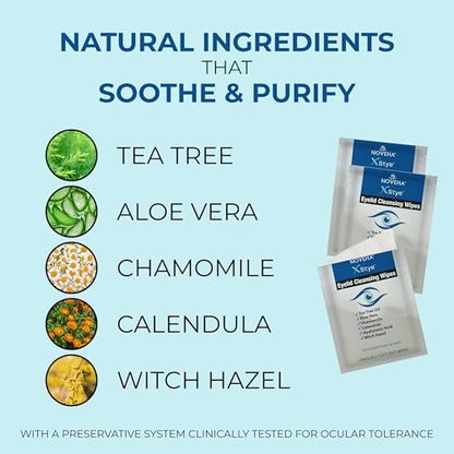NOVEHA 60-Pack Stye Relief Eyelid & Lash Wipes with Tea Tree Oil, Hyaluronic Acid, Aloe Vera, Chamomile & Green Tea – Gently Soothes, Hydrates & Refreshes for Dry, Itchy Eyes & Blepharitis – Hypoallergenic Biodegradable Wipes Avelisse