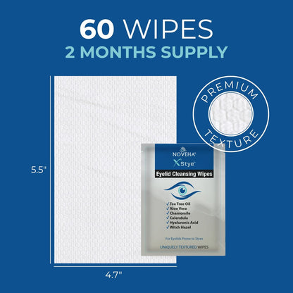 NOVEHA 60-Pack Stye Relief Eyelid & Lash Wipes with Tea Tree Oil, Hyaluronic Acid, Aloe Vera, Chamomile & Green Tea – Gently Soothes, Hydrates & Refreshes for Dry, Itchy Eyes & Blepharitis – Hypoallergenic Biodegradable Wipes Avelisse