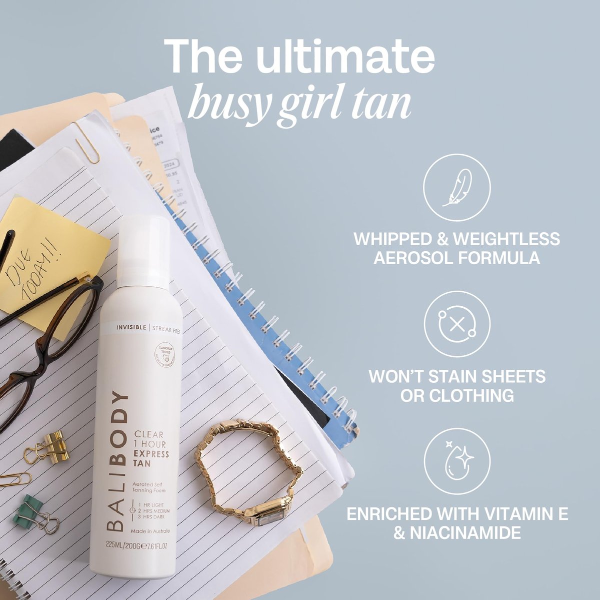 BALI BODY Clear 1 Hour Express Self Tanner – Fast-Acting, Weightless Self Tanner for Natural Bronze – No-Transfer, Hydrating Quick Tan Mousse for Smooth, Radiant Skin Avelisse