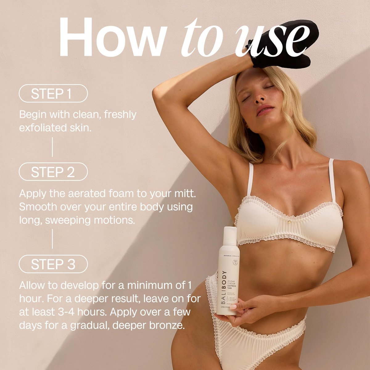 BALI BODY Clear 1 Hour Express Self Tanner – Fast-Acting, Weightless Self Tanner for Natural Bronze – No-Transfer, Hydrating Quick Tan Mousse for Smooth, Radiant Skin Avelisse