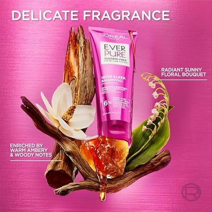 L'Oreal Paris EverPure Sulfate Free Iron Sleek Smoothing Shampoo, Frizz Control & Humidity-Resistant with Alpha-Acids, 6.8 Fl Oz