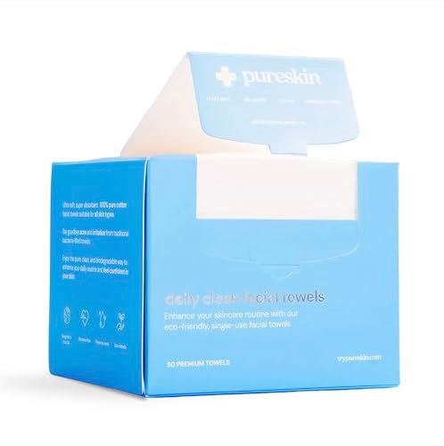 pureskin Daily Clean Facial Towels – 100% Biodegradable Pure Cotton Disposable Face Towels, Ultra Soft, Clinician Recommended, All Skin Types, 50 Count Avelisse
