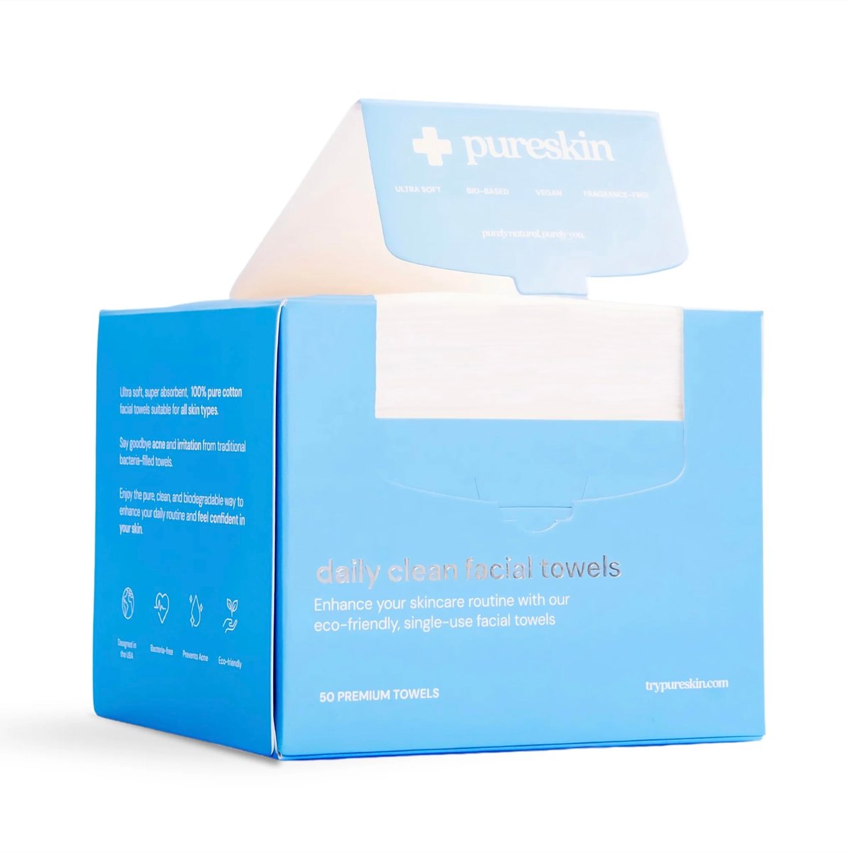 pureskin Daily Clean Facial Towels – 100% Biodegradable Pure Cotton Disposable Face Towels, Ultra Soft, Clinician Recommended, All Skin Types, 50 Count Avelisse