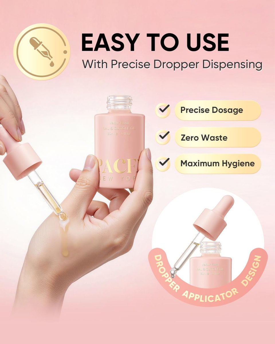 PACFE Velour Rosa Nail and Cuticle Oil - 100% Natural Plant-Based Treatment with Jojoba Oil, Squalane & Vitamin E - Deep Hydration for Dry Damaged Nails & Cuticle - Non-Greasy, Rose Scent, 1.0 fl oz Avelisse