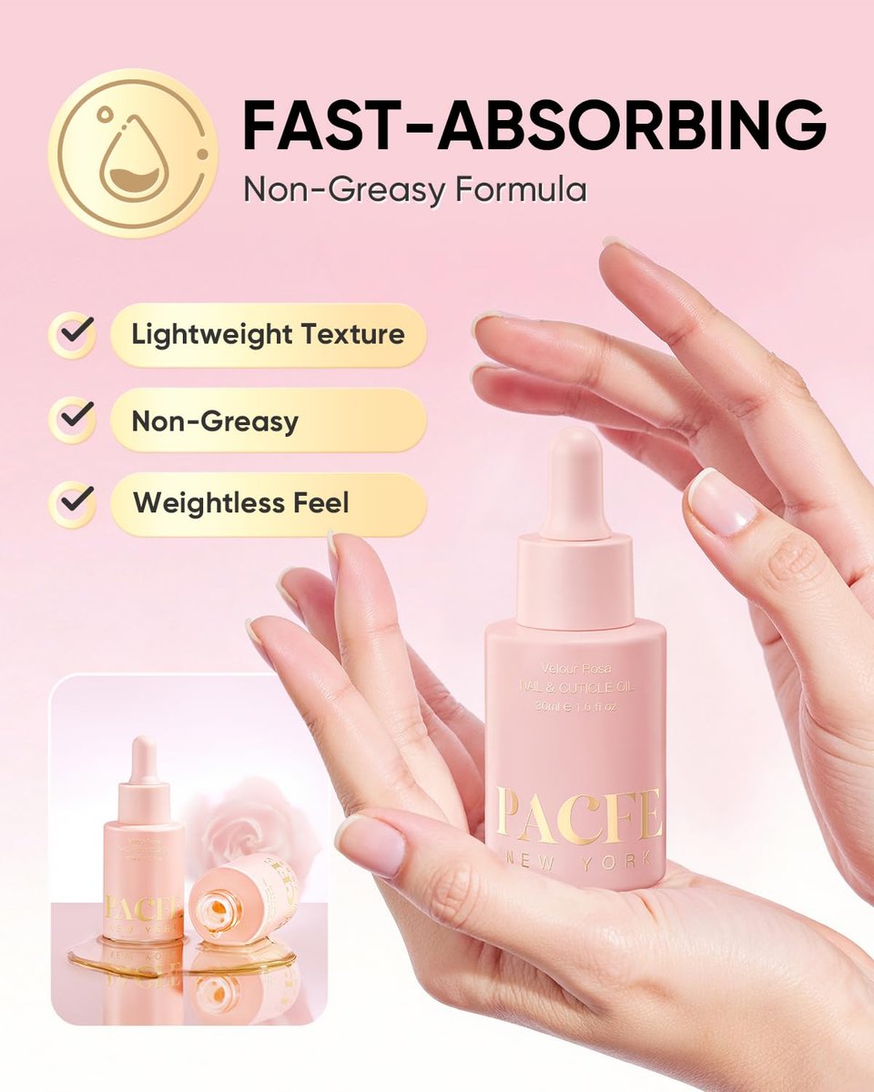 PACFE Velour Rosa Nail and Cuticle Oil - 100% Natural Plant-Based Treatment with Jojoba Oil, Squalane & Vitamin E - Deep Hydration for Dry Damaged Nails & Cuticle - Non-Greasy, Rose Scent, 1.0 fl oz Avelisse