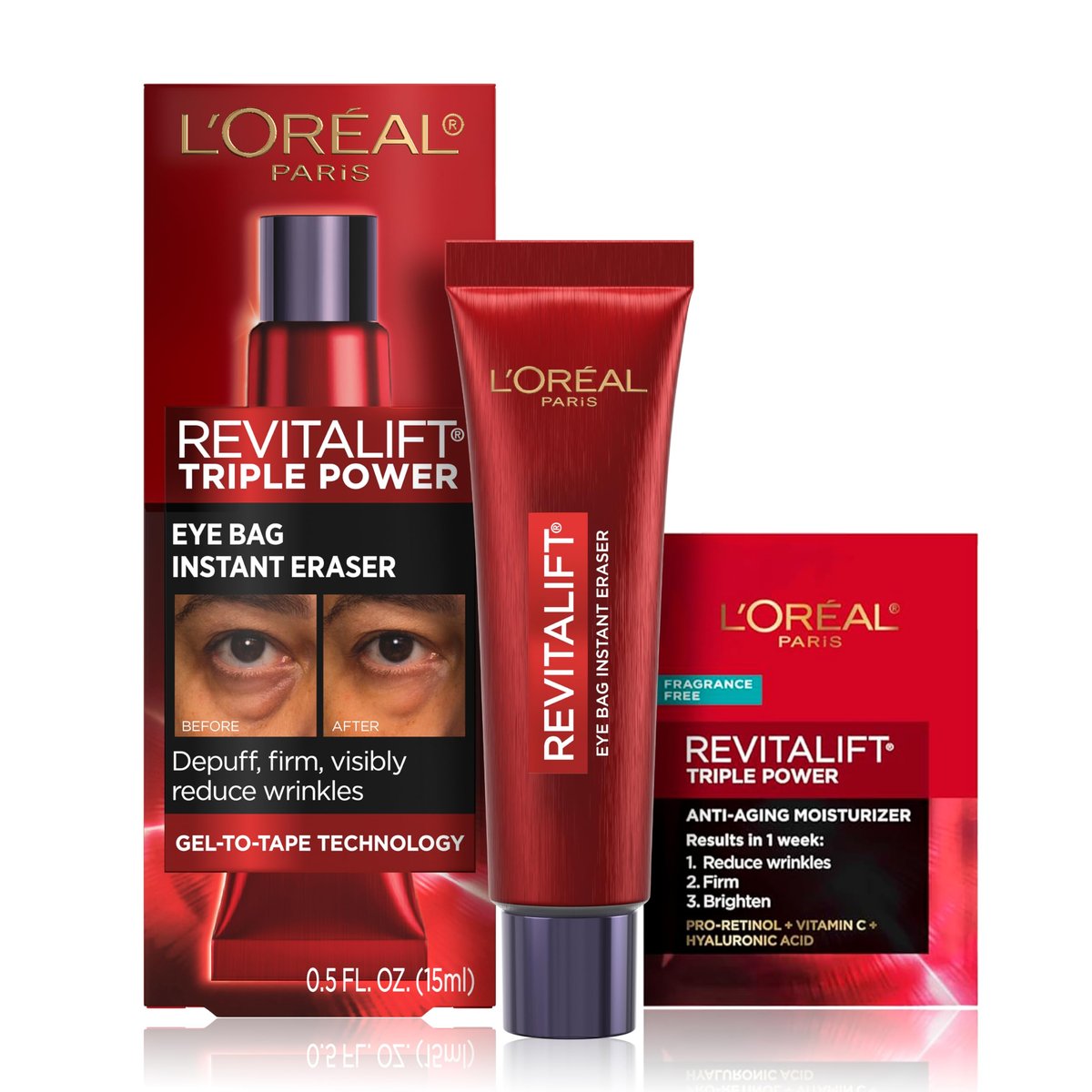 L'Oreal Paris Revitalift Triple Power Eye Bag Instant Eraser - Firming Eye Tightener Treatment, 0.5 oz with Sample Avelisse
