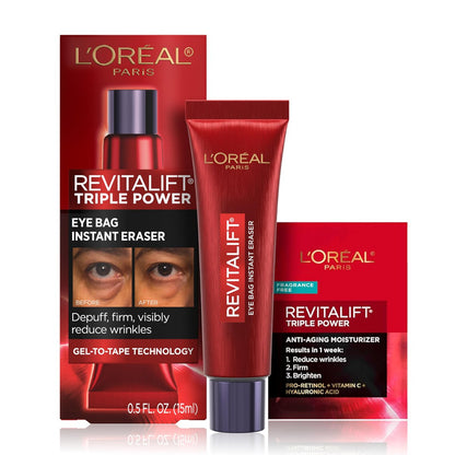 L'Oreal Paris Revitalift Triple Power Eye Bag Instant Eraser - Firming Eye Tightener Treatment, 0.5 oz with Sample Avelisse