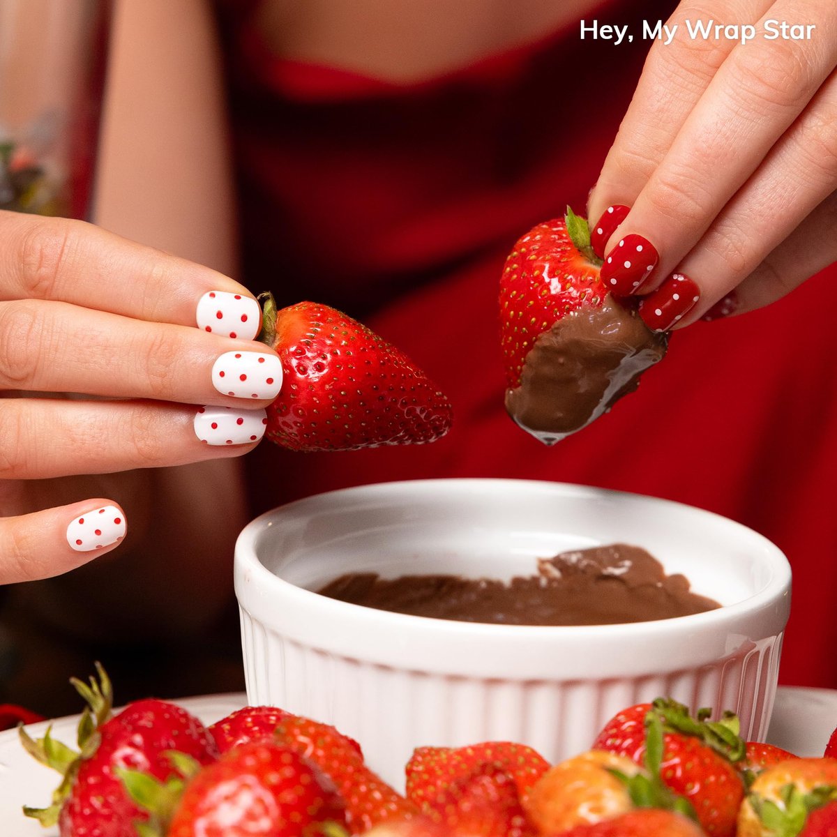 Heyhae Semi Cured Gel Nail Strips - Winter Red Polka Dots - No LED Lamp Needed - Easy Apply & Remove, Salon Quality - 28 Strips, Prep Pads, File & Wooden Stick Avelisse