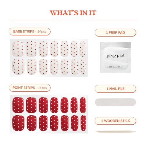 Heyhae Semi Cured Gel Nail Strips - Winter Red Polka Dots - No LED Lamp Needed - Easy Apply & Remove, Salon Quality - 28 Strips, Prep Pads, File & Wooden Stick Avelisse