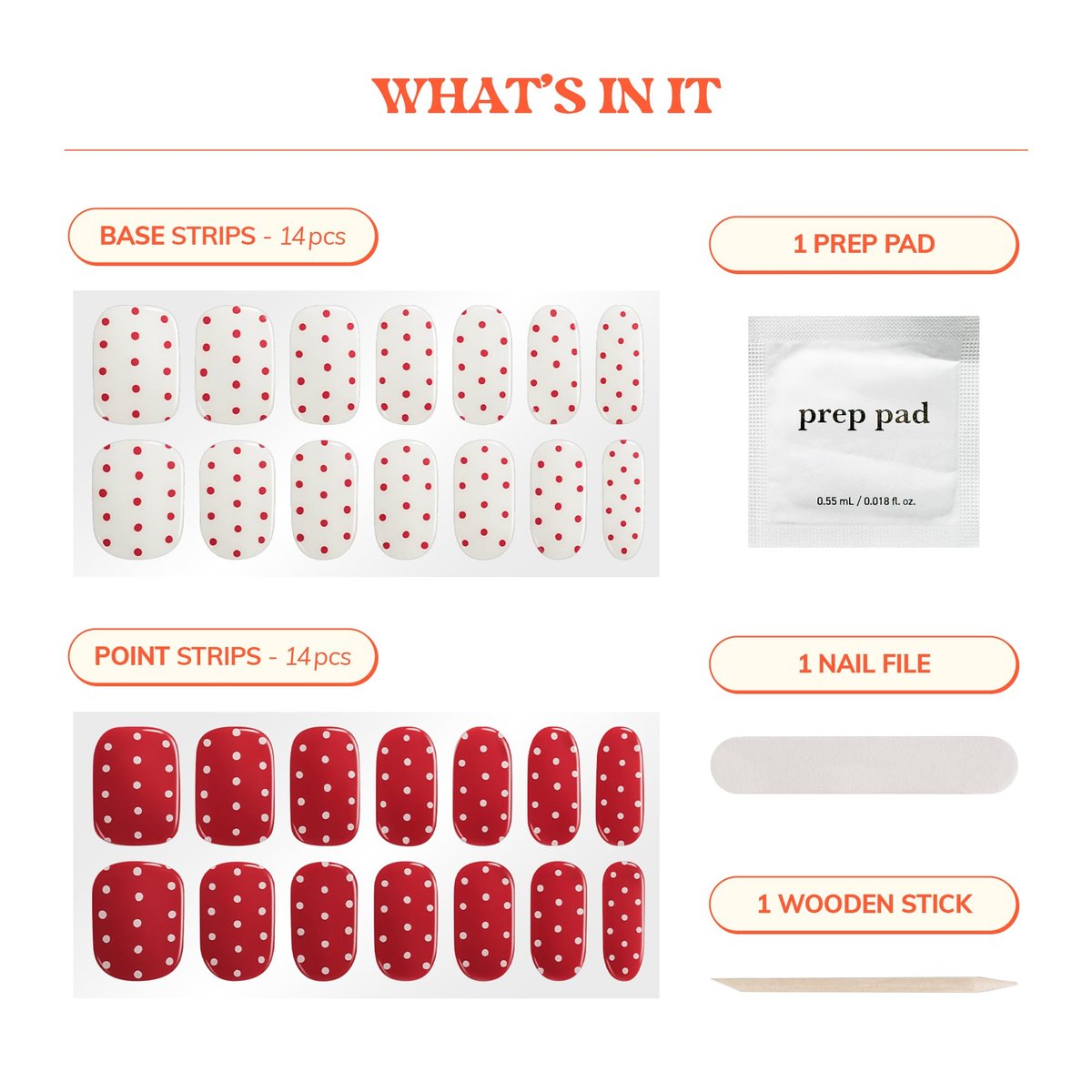 Heyhae Semi Cured Gel Nail Strips - Winter Red Polka Dots - No LED Lamp Needed - Easy Apply & Remove, Salon Quality - 28 Strips, Prep Pads, File & Wooden Stick Avelisse