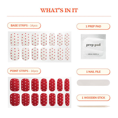 Heyhae Semi Cured Gel Nail Strips - Winter Red Polka Dots - No LED Lamp Needed - Easy Apply & Remove, Salon Quality - 28 Strips, Prep Pads, File & Wooden Stick Avelisse