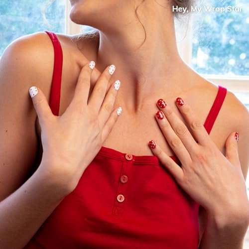 Heyhae Semi Cured Gel Nail Strips - Winter Red Polka Dots - No LED Lamp Needed - Easy Apply & Remove, Salon Quality - 28 Strips, Prep Pads, File & Wooden Stick Avelisse