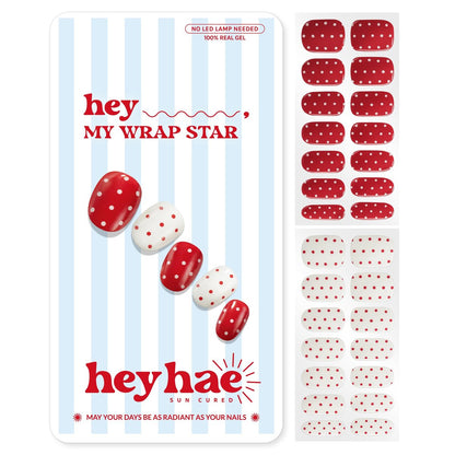 Heyhae Semi Cured Gel Nail Strips - Winter Red Polka Dots - No LED Lamp Needed - Easy Apply & Remove, Salon Quality - 28 Strips, Prep Pads, File & Wooden Stick Avelisse