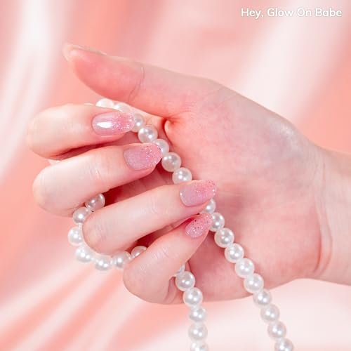 Heyhae Semi Cured Gel Nail Strips - No LED Lamp Needed - Pink Glitter - Easy Apply & Remove - Salon Quality - 28 Strips, Prep Pads, Nail File & Wooden Stick - Hey, Glow On Babe Avelisse