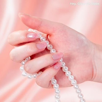 Heyhae Semi Cured Gel Nail Strips - No LED Lamp Needed - Pink Glitter - Easy Apply & Remove - Salon Quality - 28 Strips, Prep Pads, Nail File & Wooden Stick - Hey, Glow On Babe Avelisse