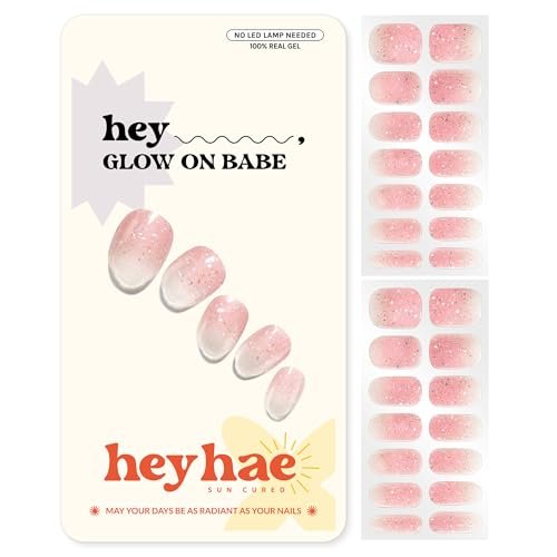 Heyhae Semi Cured Gel Nail Strips - No LED Lamp Needed - Pink Glitter - Easy Apply & Remove - Salon Quality - 28 Strips, Prep Pads, Nail File & Wooden Stick - Hey, Glow On Babe Avelisse