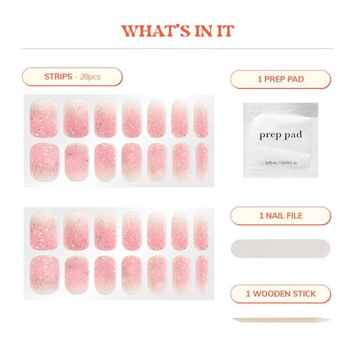 Heyhae Semi Cured Gel Nail Strips - No LED Lamp Needed - Pink Glitter - Easy Apply & Remove - Salon Quality - 28 Strips, Prep Pads, Nail File & Wooden Stick - Hey, Glow On Babe Avelisse