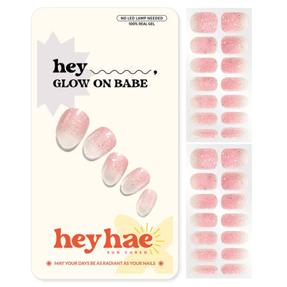 Heyhae Semi Cured Gel Nail Strips - No LED Lamp Needed - Pink Glitter - Easy Apply & Remove - Salon Quality - 28 Strips, Prep Pads, Nail File & Wooden Stick - Hey, Glow On Babe Avelisse