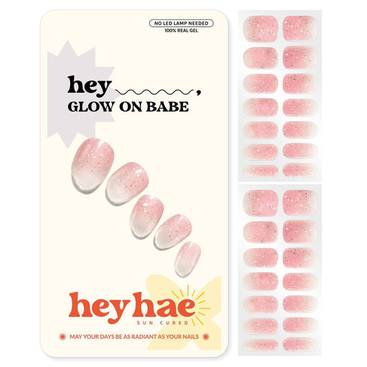 Heyhae Semi Cured Gel Nail Strips - No LED Lamp Needed - Pink Glitter - Easy Apply & Remove - Salon Quality - 28 Strips, Prep Pads, Nail File & Wooden Stick - Hey, Glow On Babe Avelisse