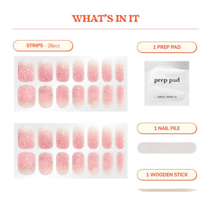 Heyhae Semi Cured Gel Nail Strips - No LED Lamp Needed - Pink Glitter - Easy Apply & Remove - Salon Quality - 28 Strips, Prep Pads, Nail File & Wooden Stick - Hey, Glow On Babe Avelisse