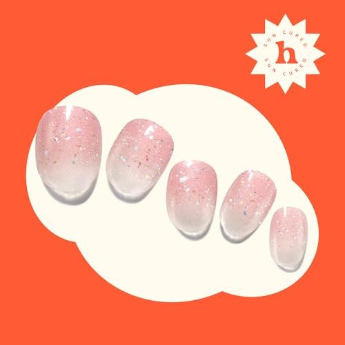 Heyhae Semi Cured Gel Nail Strips - No LED Lamp Needed - Pink Glitter - Easy Apply & Remove - Salon Quality - 28 Strips, Prep Pads, Nail File & Wooden Stick - Hey, Glow On Babe Avelisse