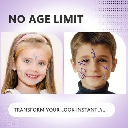 K-pop Demon Temporary Tattoos 60 Pcs - Anime Hunter Halloween Cosplay Costume Temporary Tattoos Purple and Laser Multicolor Stripes Tattoos 13+