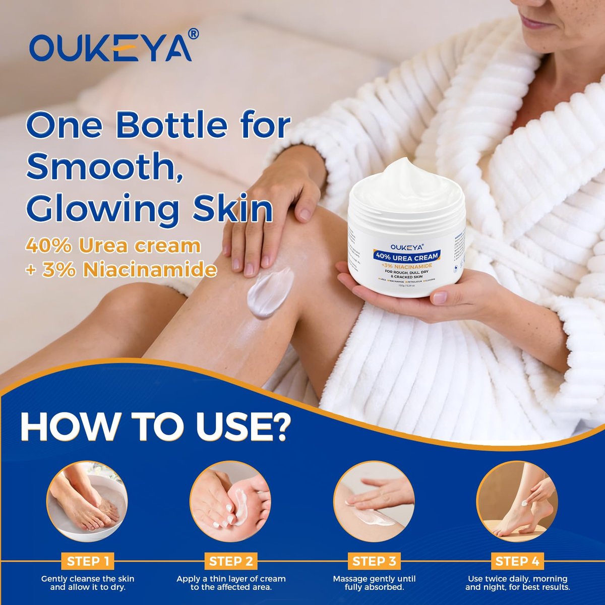 OUKEYA Urea Cream 40 Percent with 3% Niacinamide - Intensive Moisturizer for Extremely Dry, Chapped, Rough Skin on Hands, Feet, Elbows & Knees - Deep Hydration & Evens Skin Tone, 5.29 oz Avelisse