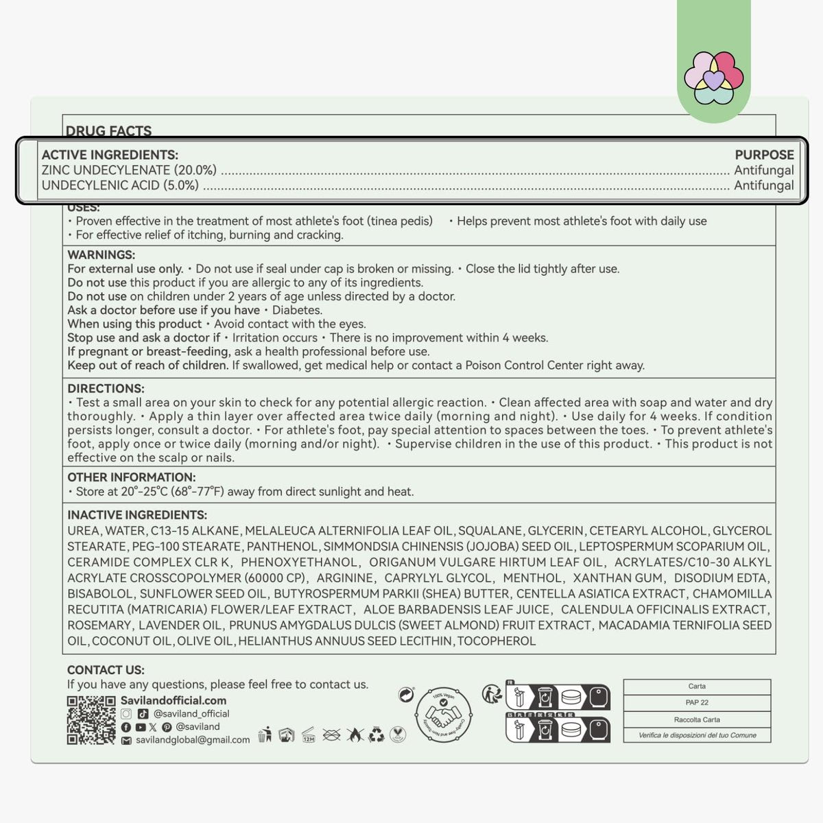 SAVILAND Antifungal Cream - Max Strength 25% Undecylenic Acid, FSA/HSA Eligible, 4.23 oz - Treats Athlete's Foot, Jock Itch, Ringworm with Tea Tree & Oregano Oil Avelisse