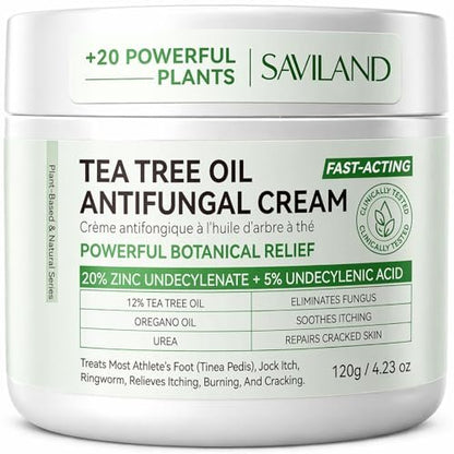 SAVILAND Antifungal Cream - Max Strength 25% Undecylenic Acid, FSA/HSA Eligible, 4.23 oz - Treats Athlete's Foot, Jock Itch, Ringworm with Tea Tree & Oregano Oil Avelisse