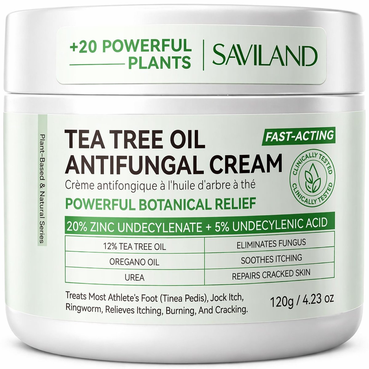 SAVILAND Antifungal Cream - Max Strength 25% Undecylenic Acid, FSA/HSA Eligible, 4.23 oz - Treats Athlete's Foot, Jock Itch, Ringworm with Tea Tree & Oregano Oil Avelisse