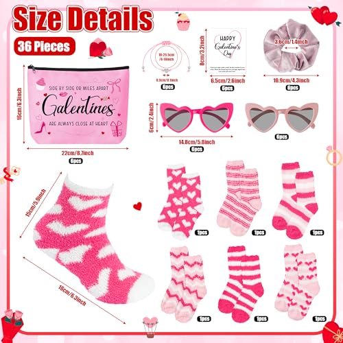 Y1tvei Galentine's Day Pink Gifts - 36-Piece Canvas Cosmetic Pouch Set with Makeup Bags, Heart Sunglasses, Stockings, Hair Ties, Bracelets, Greeting Cards - Valentine's Day Gift for Women Bestie Party Favors - görsel 6