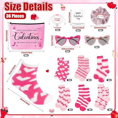 Y1tvei Galentine's Day Pink Gifts - 36-Piece Canvas Cosmetic Pouch Set with Makeup Bags, Heart Sunglasses, Stockings, Hair Ties, Bracelets, Greeting Cards - Valentine's Day Gift for Women Bestie Party Favors