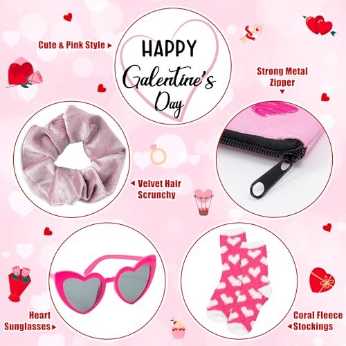 Y1tvei Galentine's Day Pink Gifts - 36-Piece Canvas Cosmetic Pouch Set with Makeup Bags, Heart Sunglasses, Stockings, Hair Ties, Bracelets, Greeting Cards - Valentine's Day Gift for Women Bestie Party Favors - görsel 8
