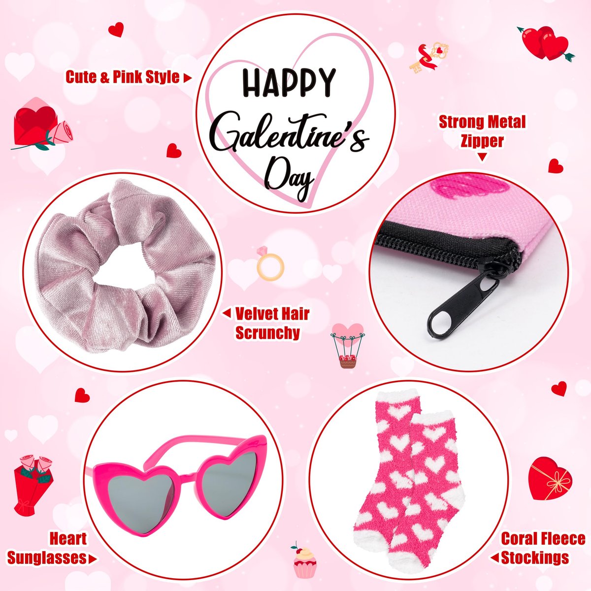 Y1tvei Galentine's Day Pink Gifts - 36-Piece Canvas Cosmetic Pouch Set with Makeup Bags, Heart Sunglasses, Stockings, Hair Ties, Bracelets, Greeting Cards - Valentine's Day Gift for Women Bestie Party Favors - görsel 7